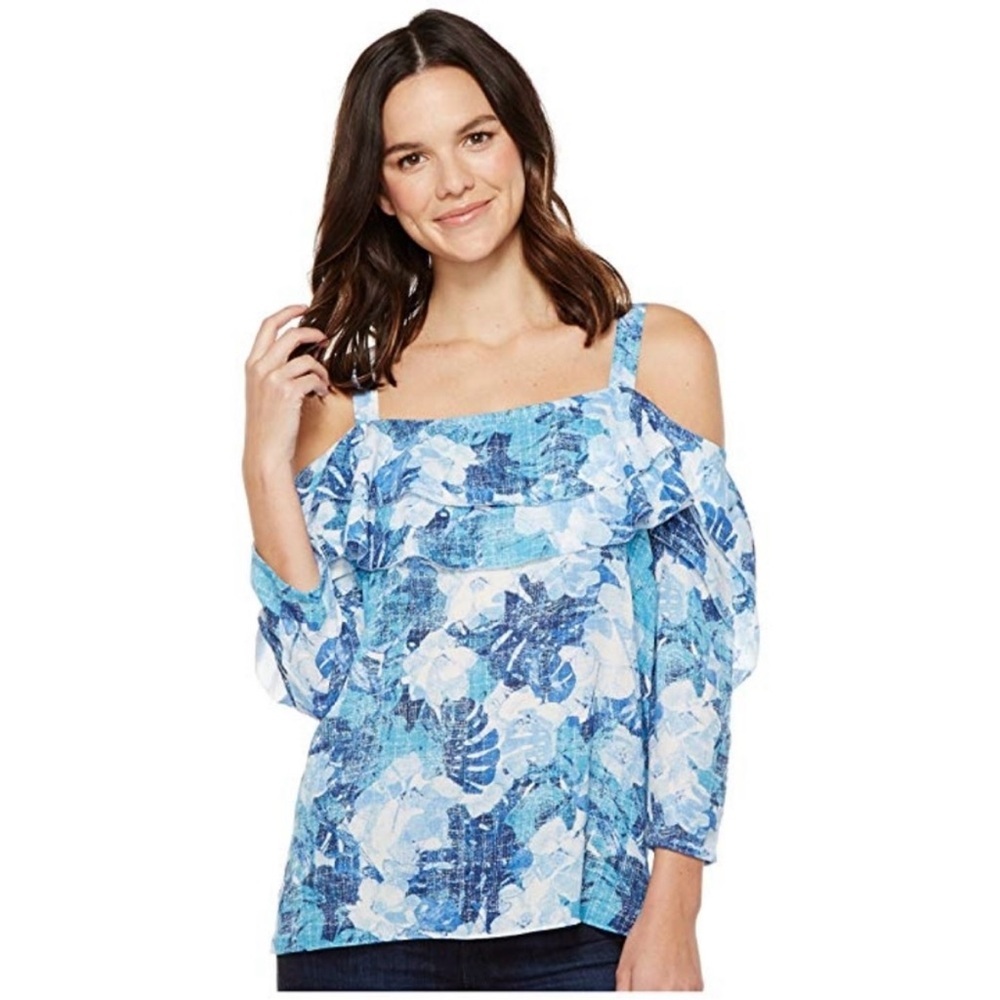 NYDJ Floral Cold Shoulder Top Blue White Ruffle Tunic Blouse Long Sleeve Women S - Picture 12 of 12
